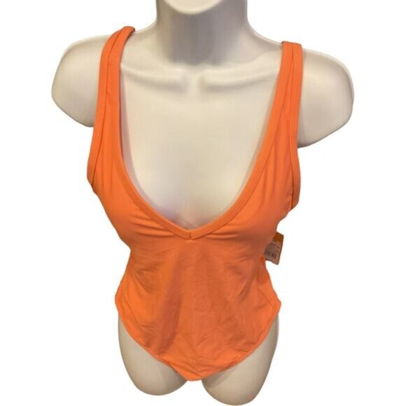 Womens Orange One-Piece Swimsuit With Adjustable Straps & Deep V-Neckline - Picture 5 of 9